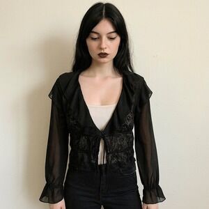 Red Night Gothic Lace Ruffle Cardigan Womens Small Tie Front Gothic Lolita Witch